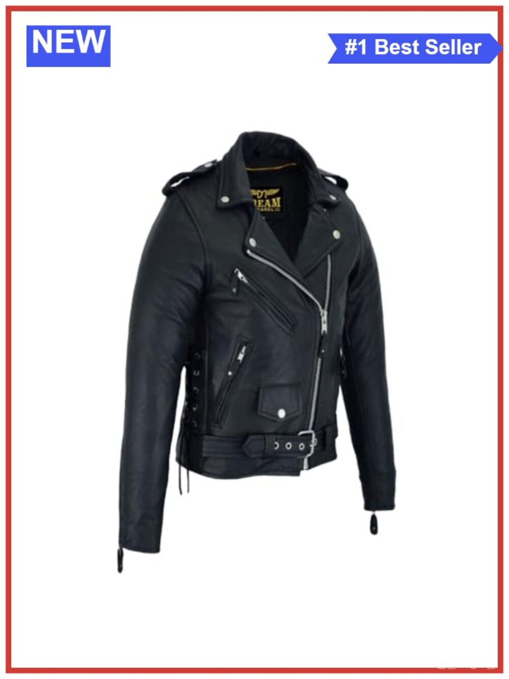 Genuine Cowhide Leather Motorcycle Jacket Lace Sided Biker Coat